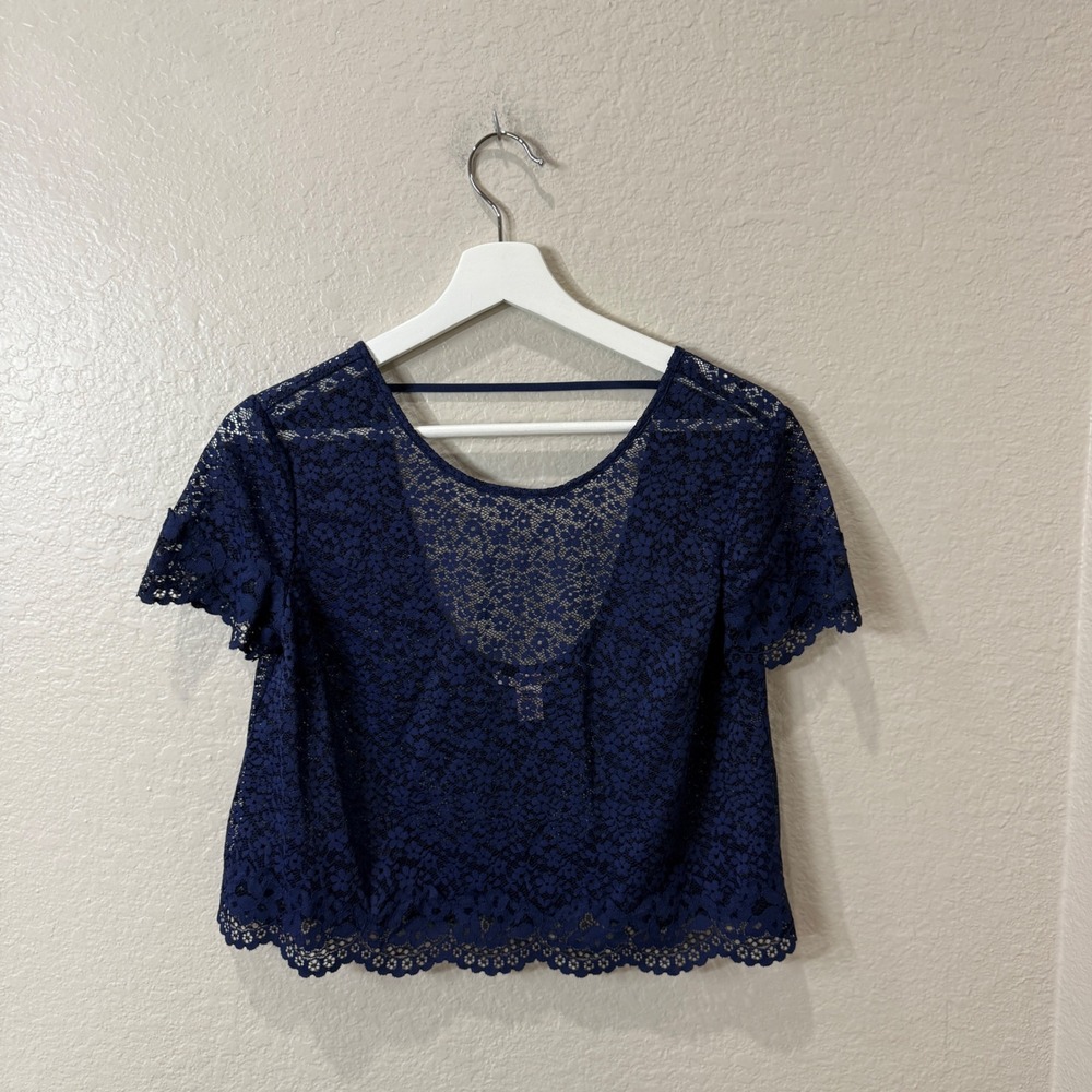 Victoria's Secret Navy Blue Floral Lace Open Back Crop Top Y2K Fairy Grunge Sz S